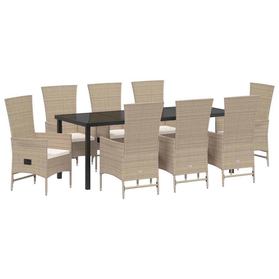 Tuin eettafelset met kussen 9 pcs Beige poly rattan