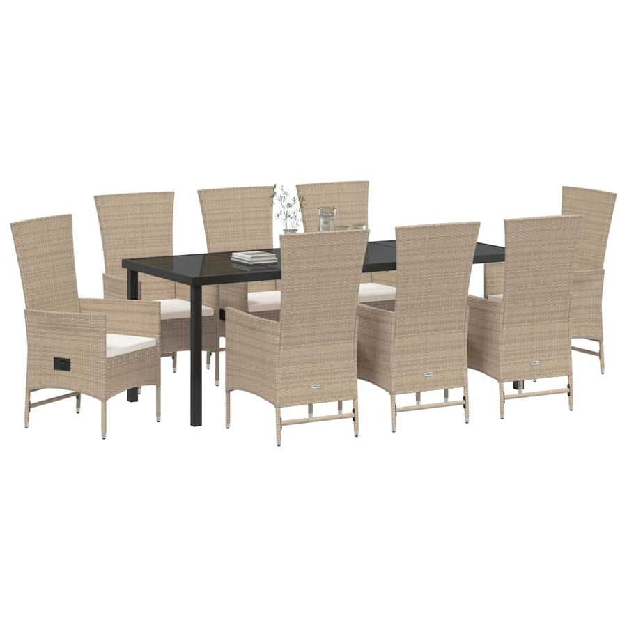 Tuin eettafelset met kussen 9 pcs Beige poly rattan