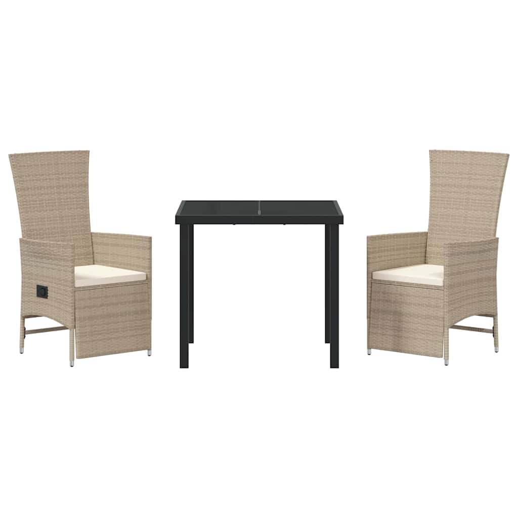 Tuin eettafelset met kussen 3 pcs Beige poly rattan