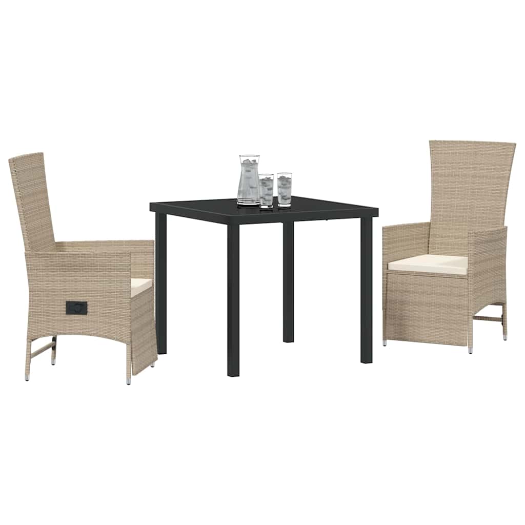 Tuin eettafelset met kussen 3 pcs Beige poly rattan