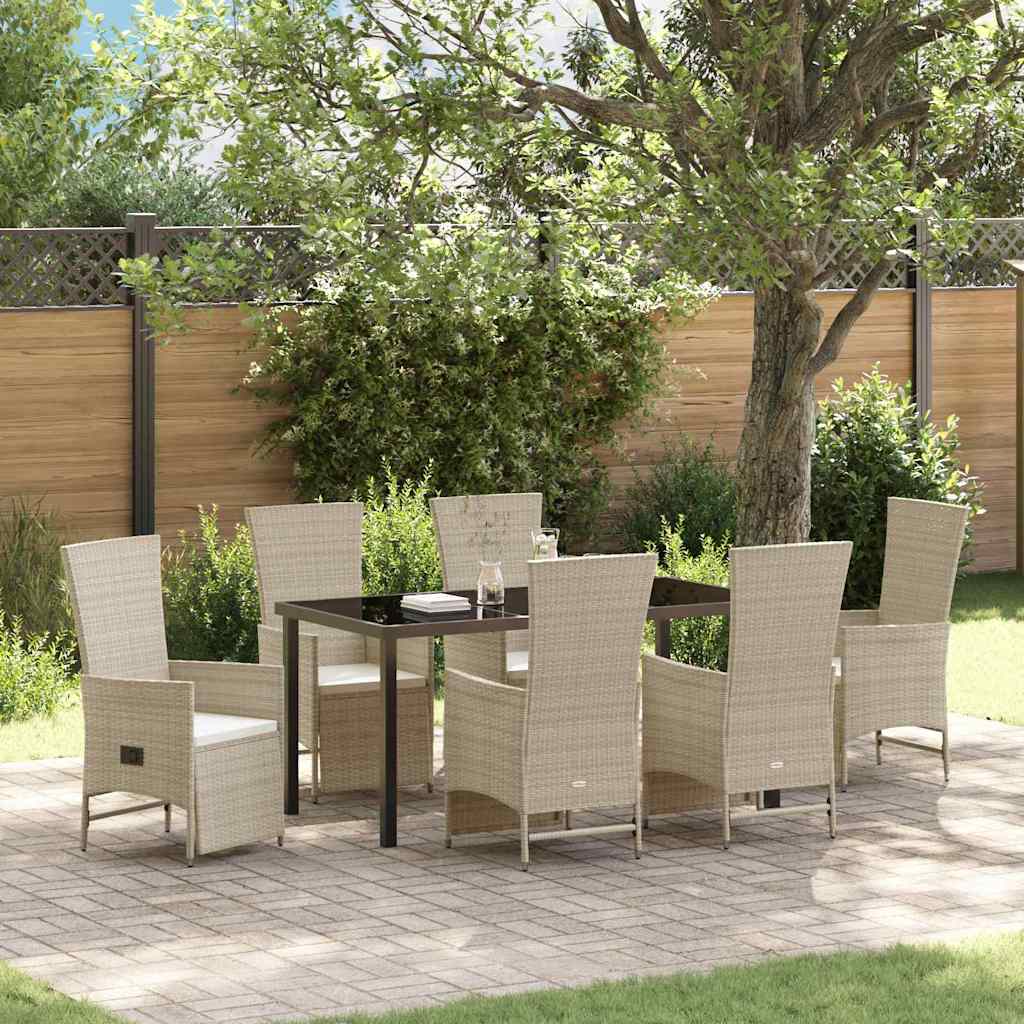 Tuin eettafelset met kussen 7 pcs Beige poly rattan