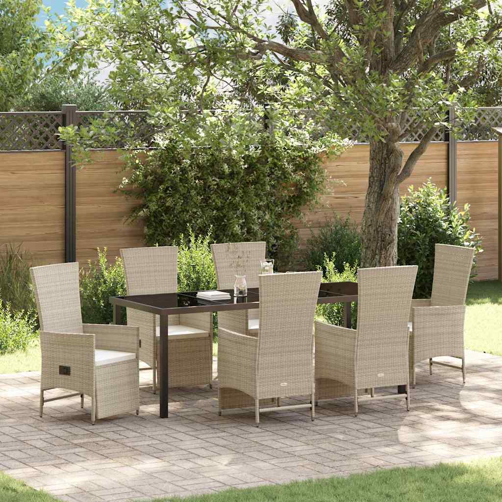 Tuin eettafelset met kussen 7 pcs Beige poly rattan