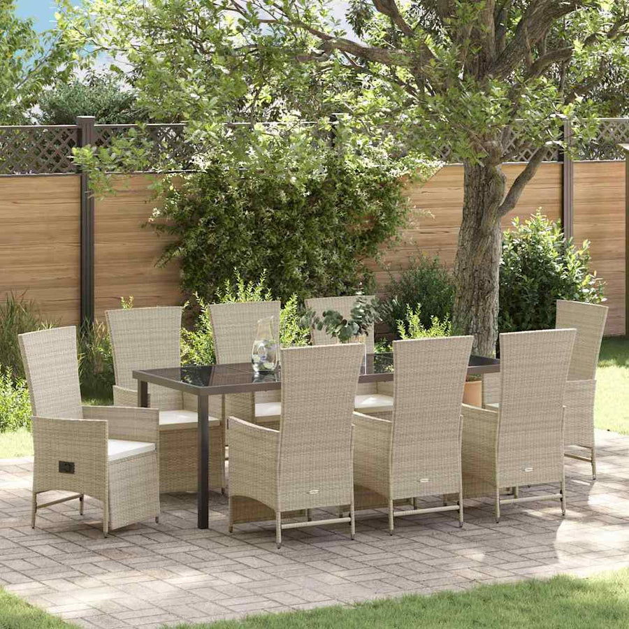 Tuin eettafelset met kussen 9 pcs Beige poly rattan