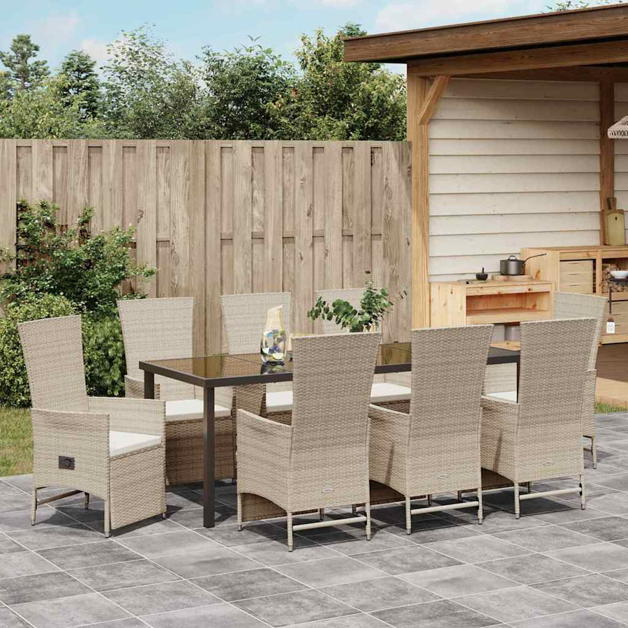 Tuin eettafelset met kussen 9 pcs Beige poly rattan
