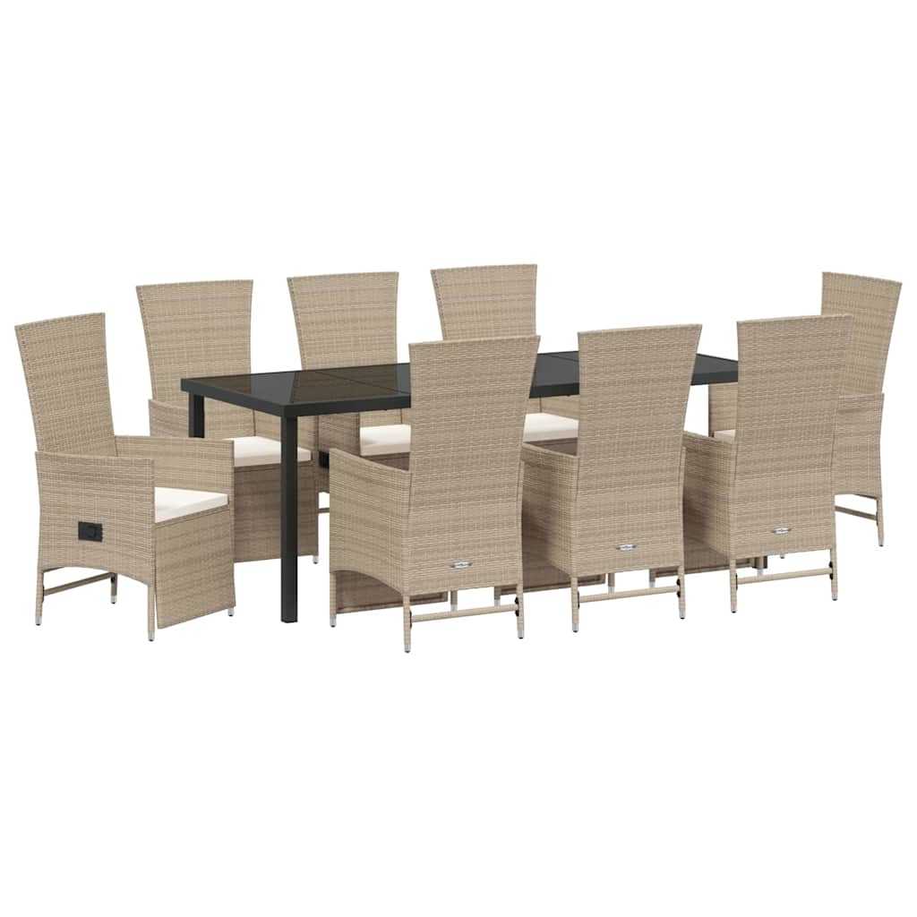 Tuin eettafelset met kussen 9 pcs Beige poly rattan
