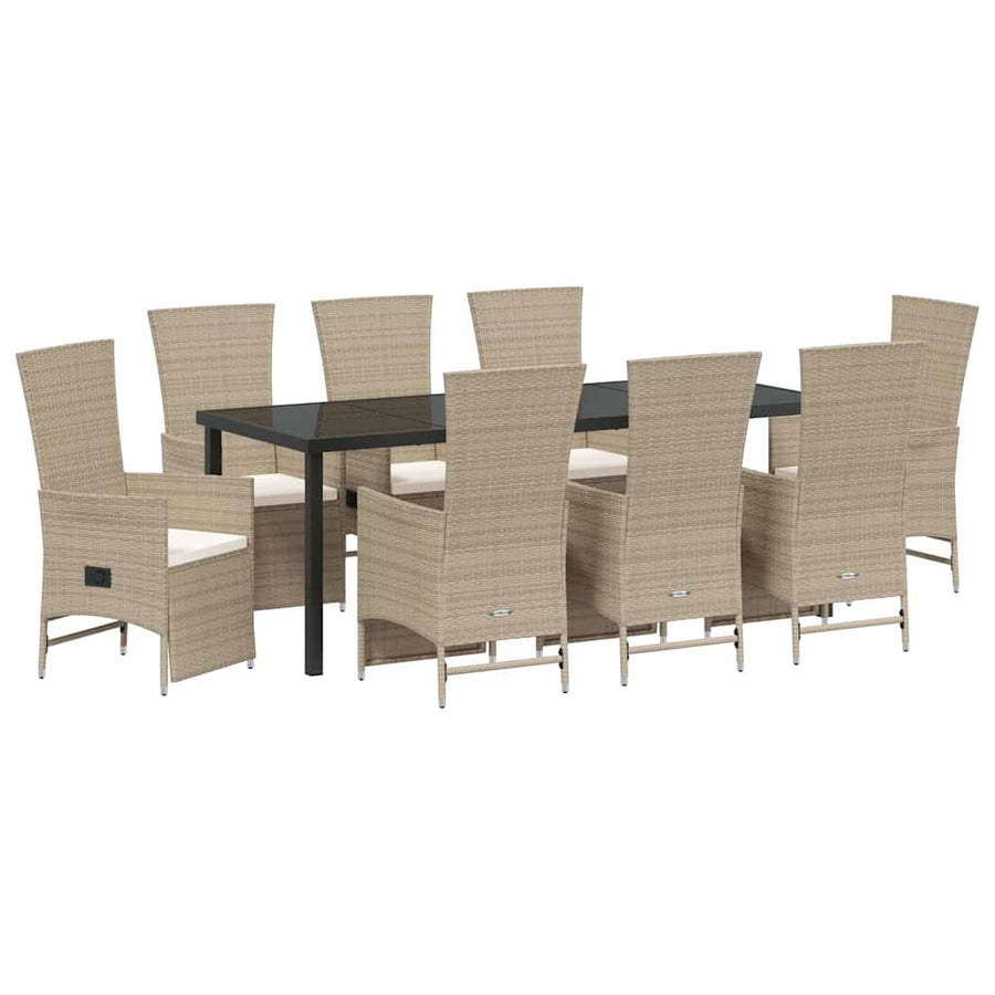 Tuin eettafelset met kussen 9 pcs Beige poly rattan