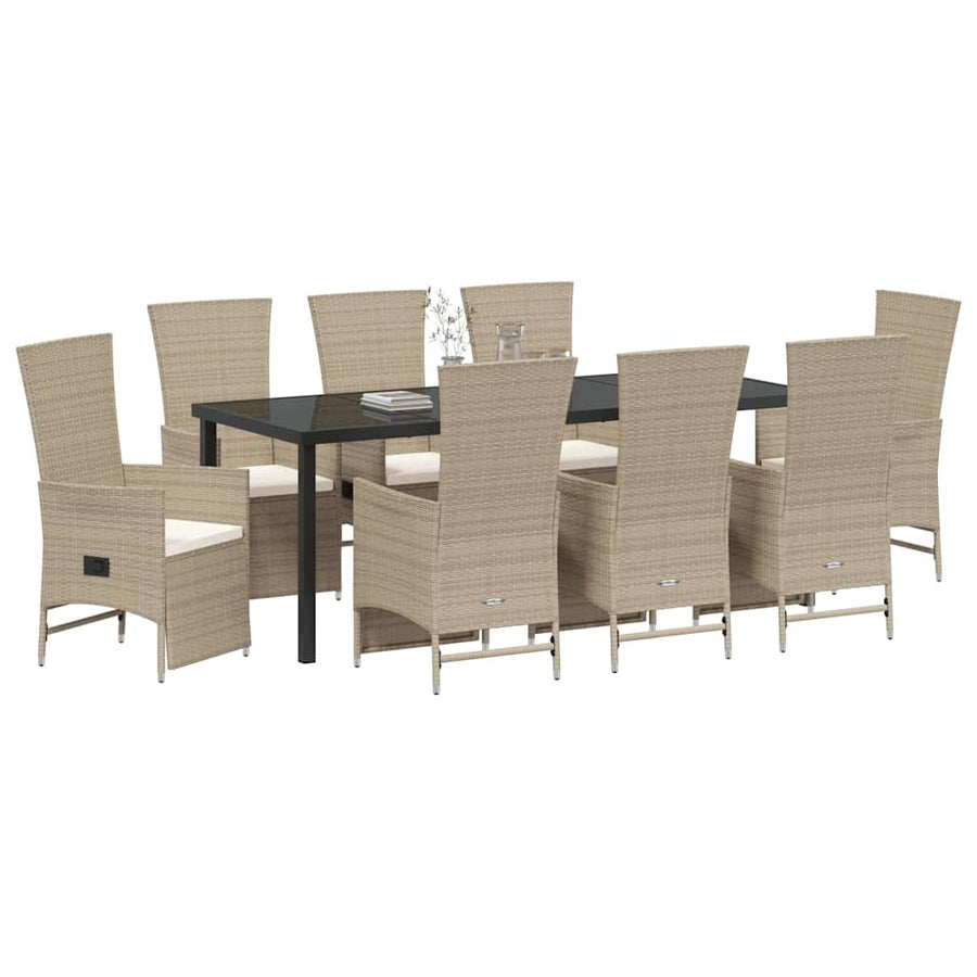 Tuin eettafelset met kussen 9 pcs Beige poly rattan