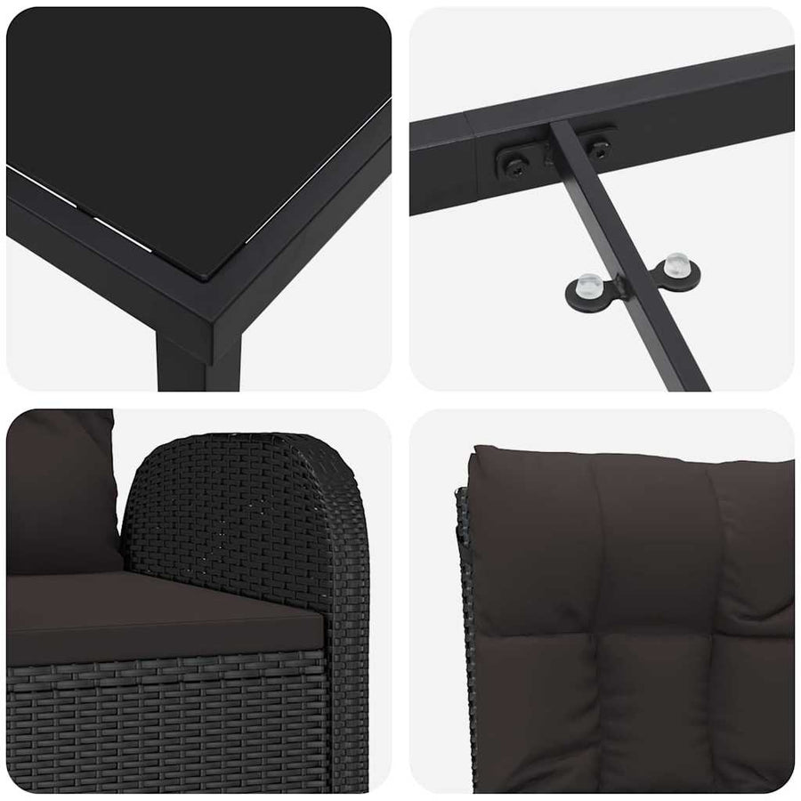 Tuin eettafelset met kussen 5 pcs Zwart poly rattan