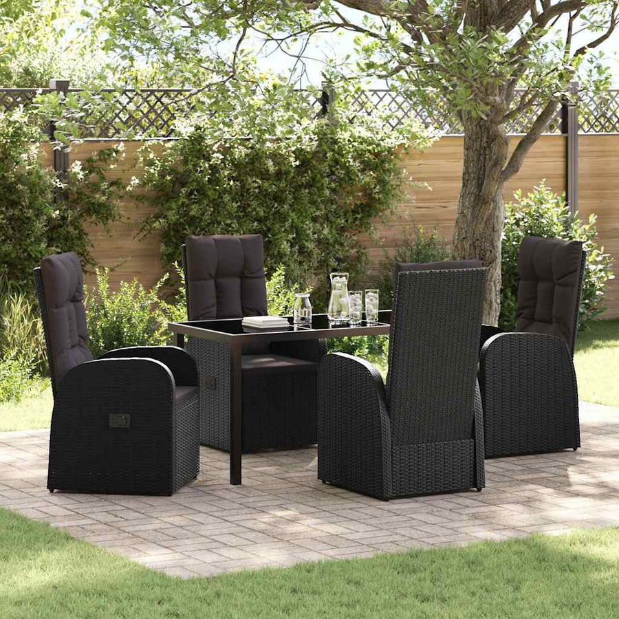 Tuin eettafelset met kussen 5 pcs Zwart poly rattan