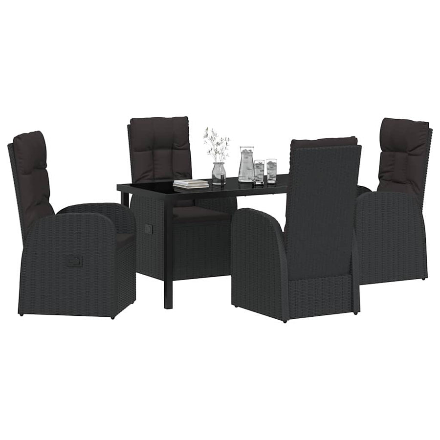 Tuin eettafelset met kussen 5 pcs Zwart poly rattan