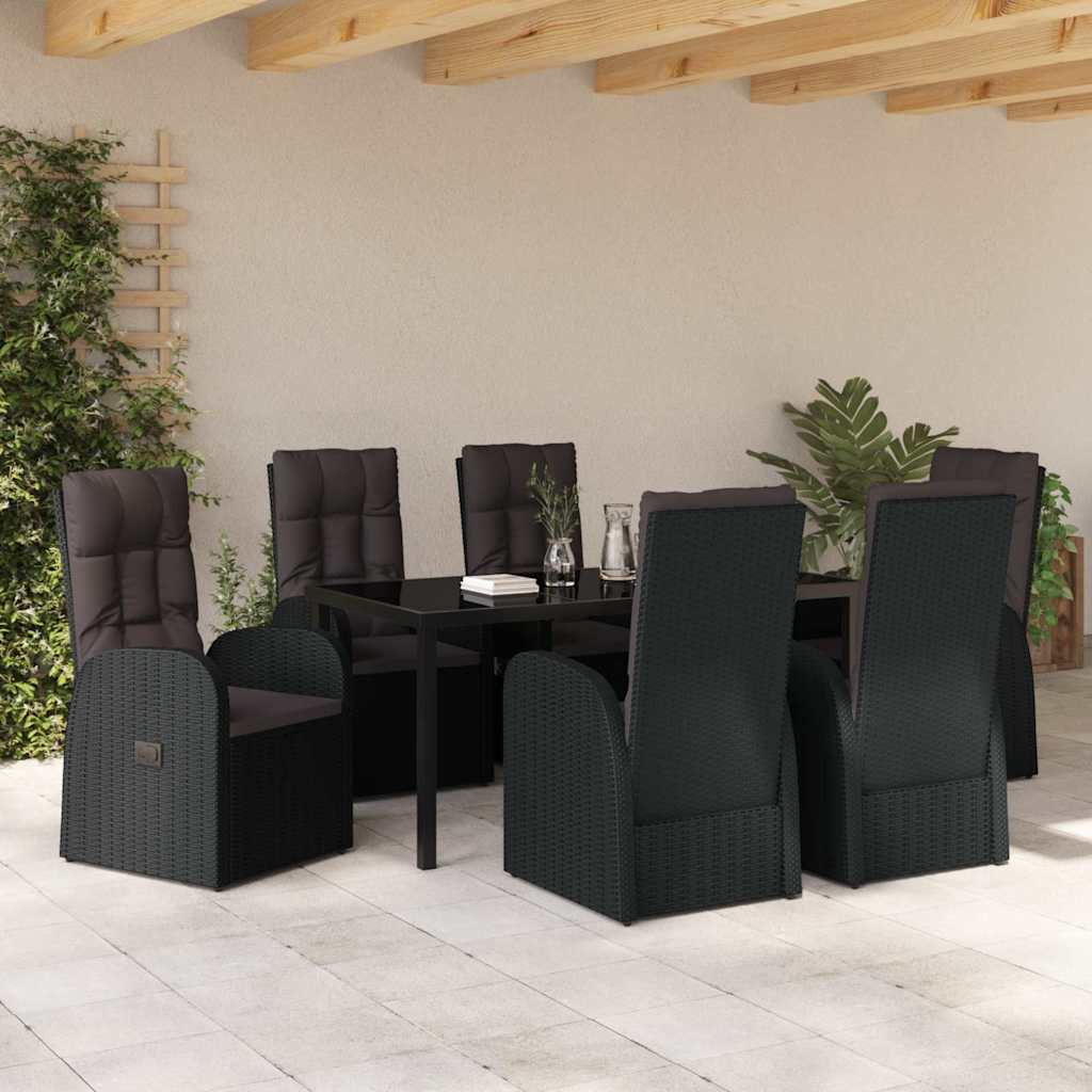 Tuin eettafelset met kussen 7 pcs Zwart poly rattan