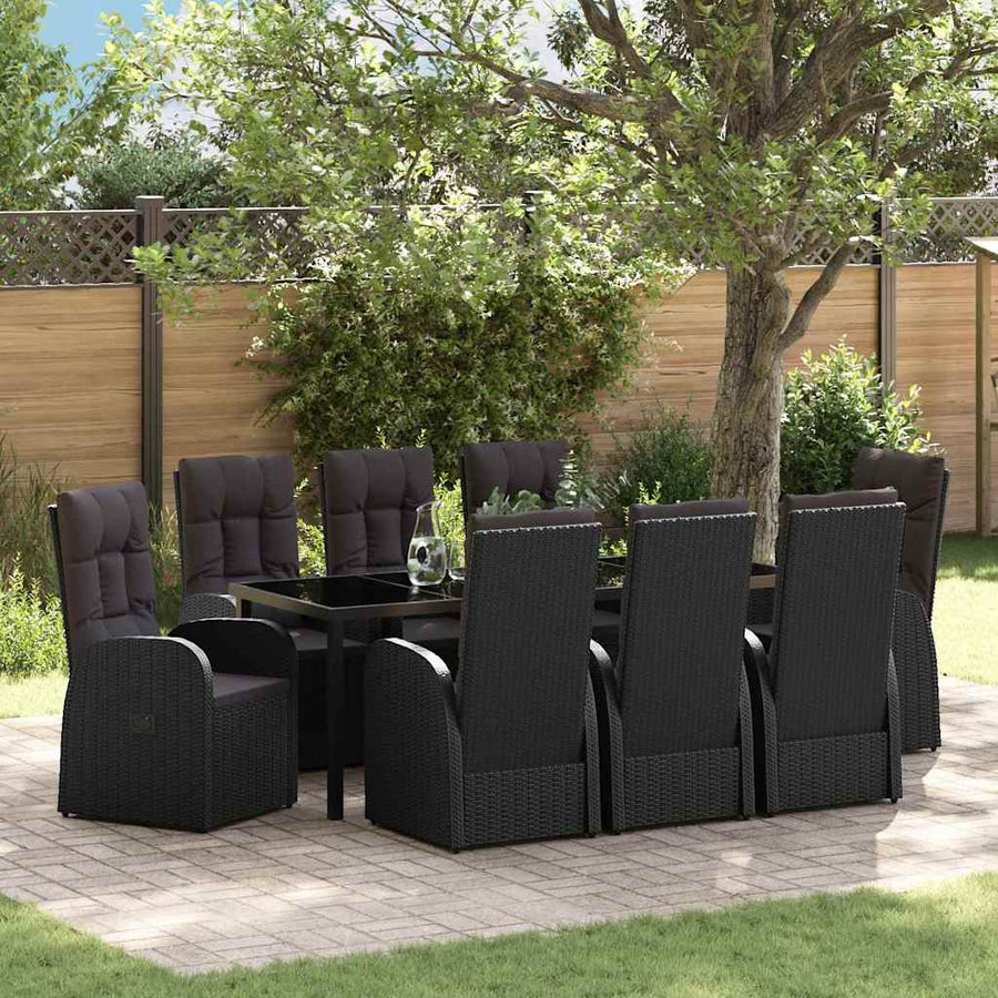 Tuin Eetset met kussen 9 pcs Zwart poly rattan