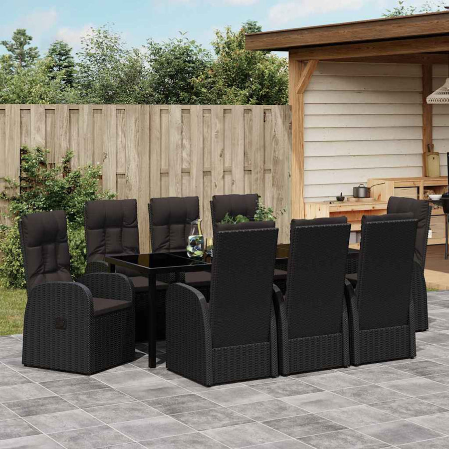 Tuin Eetset met kussen 9 pcs Zwart poly rattan