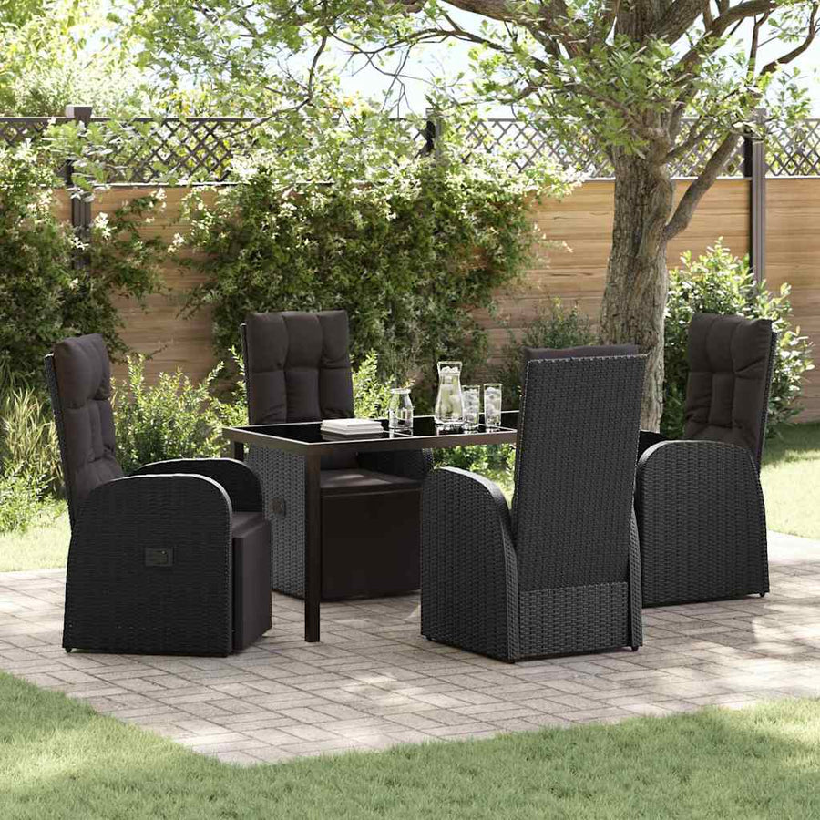 Tuin eettafelset met kussen 5 pcs Zwart poly rattan