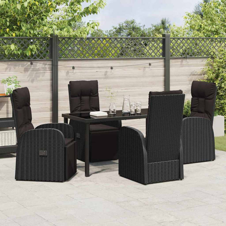 Tuin eettafelset met kussen 5 pcs Zwart poly rattan