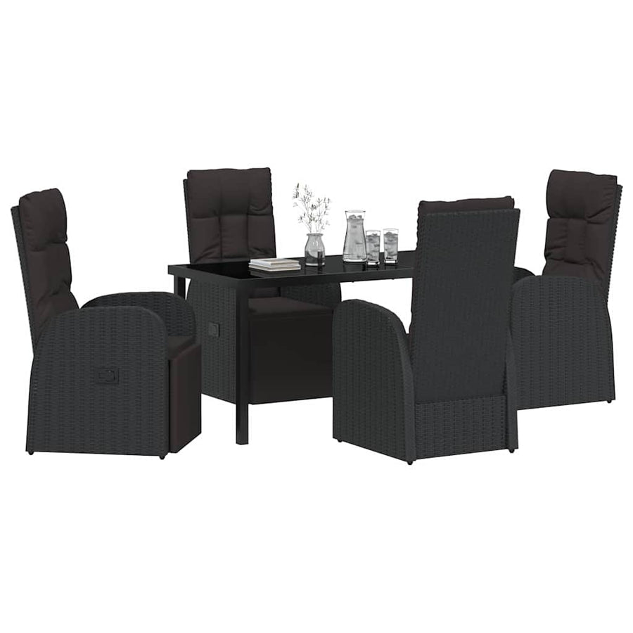 Tuin eettafelset met kussen 5 pcs Zwart poly rattan