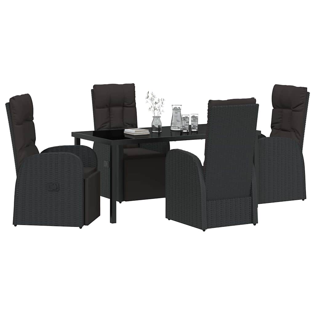 Tuin eettafelset met kussen 5 pcs Zwart poly rattan