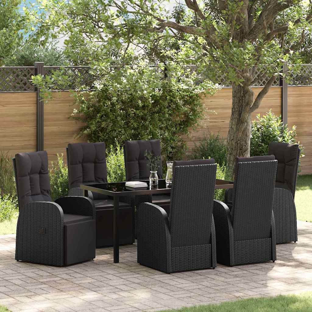 Tuin eettafelset met kussen 7 pcs Zwart poly rattan