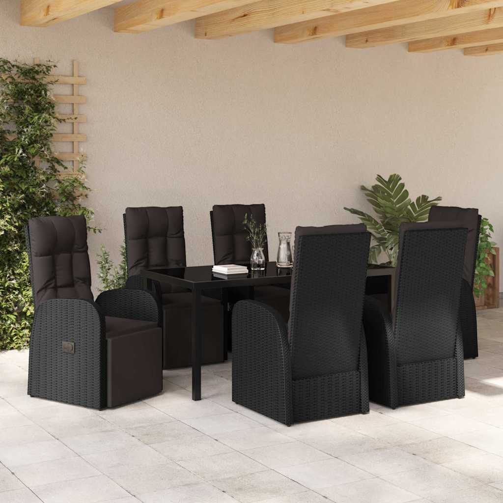 Tuin eettafelset met kussen 7 pcs Zwart poly rattan