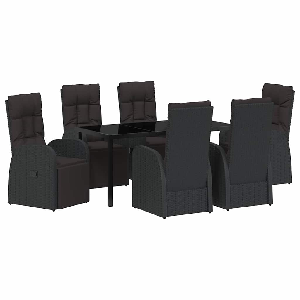 Tuin eettafelset met kussen 7 pcs Zwart poly rattan