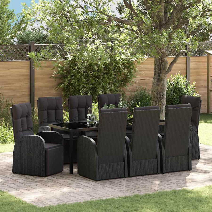 Tuin Eetset met kussen 9 pcs Zwart poly rattan
