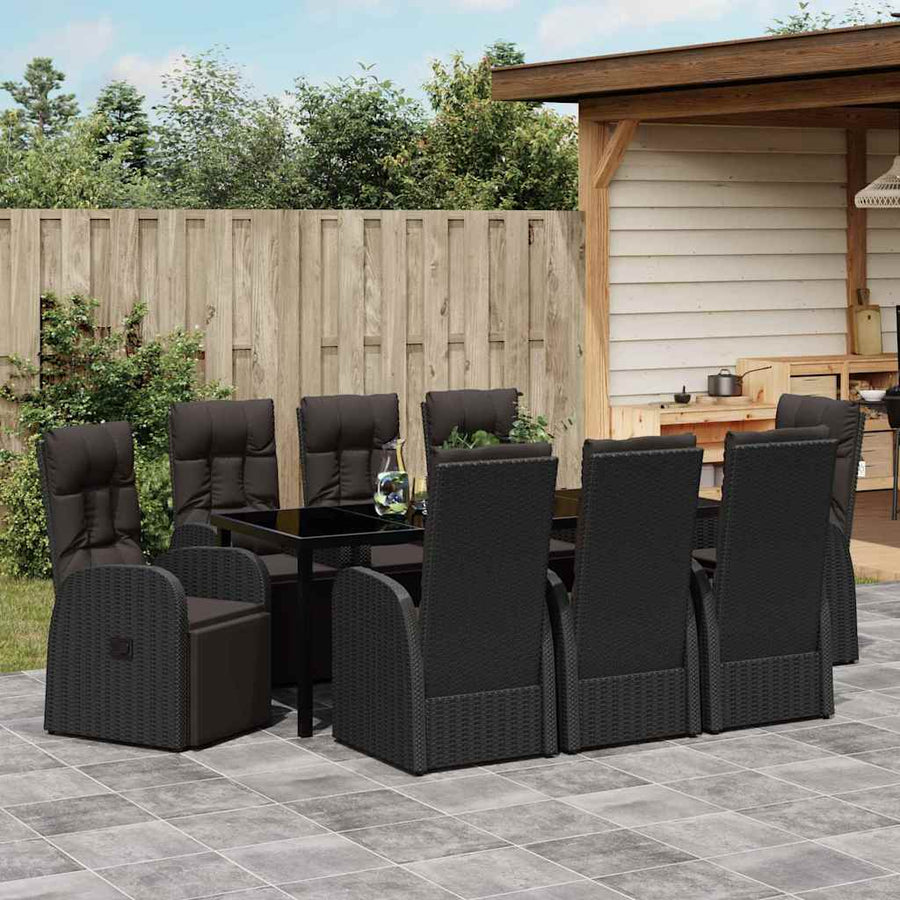 Tuin Eetset met kussen 9 pcs Zwart poly rattan