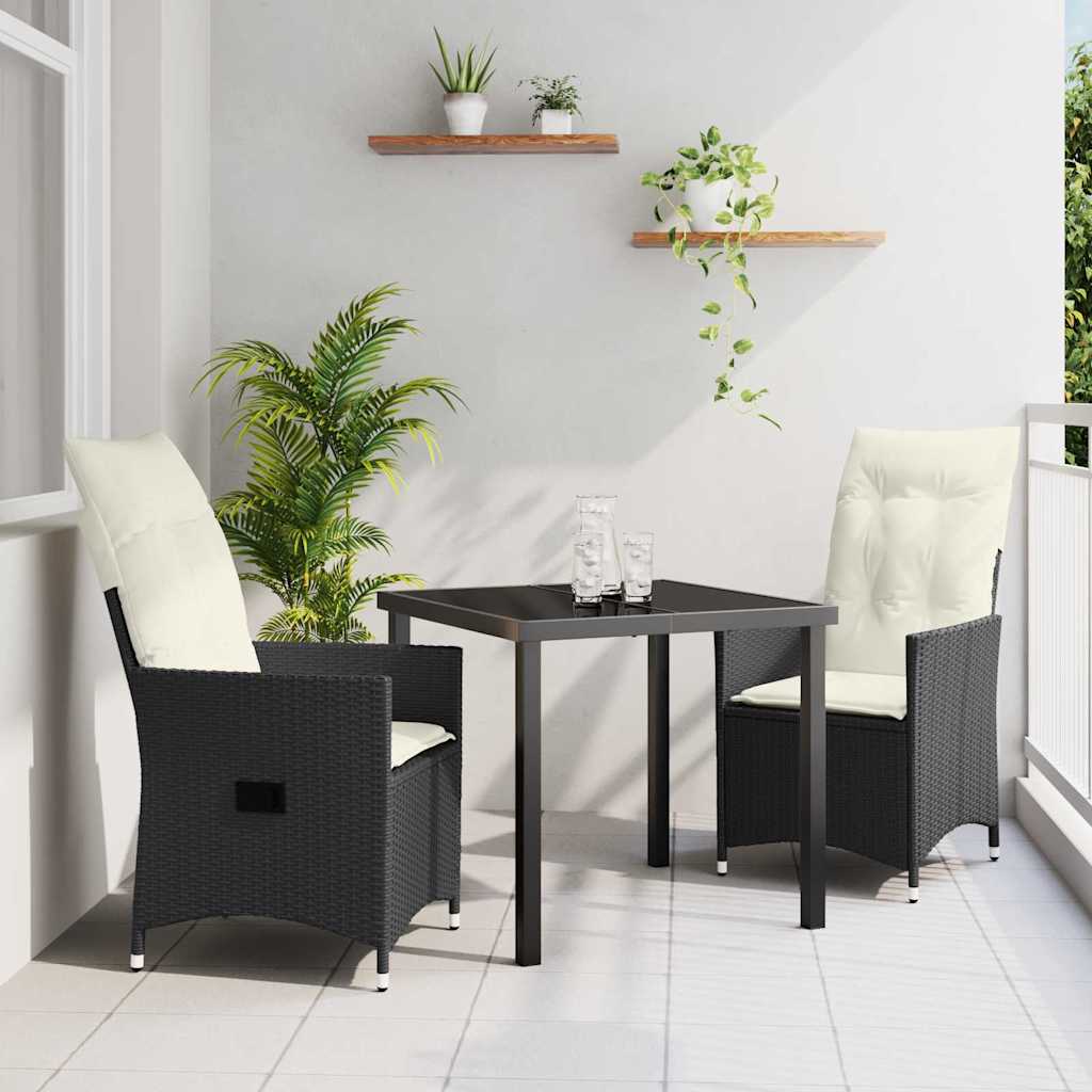 Tuin eettafelset met kussen 3 pcs Zwart poly rattan