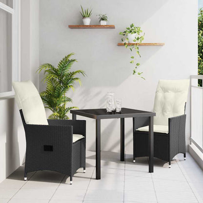 Tuin eettafelset met kussen 3 pcs Zwart poly rattan