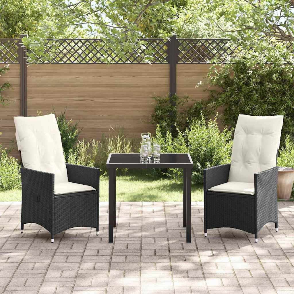 Tuin eettafelset met kussen 3 pcs Zwart poly rattan