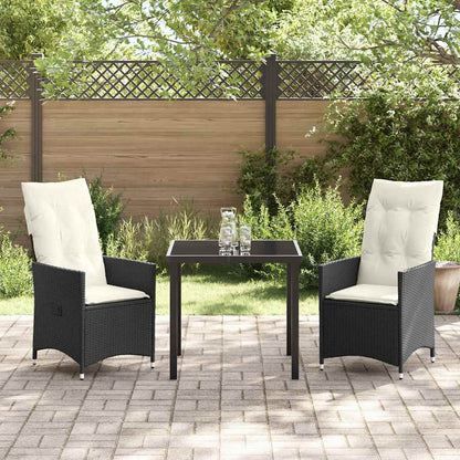 Tuin eettafelset met kussen 3 pcs Zwart poly rattan