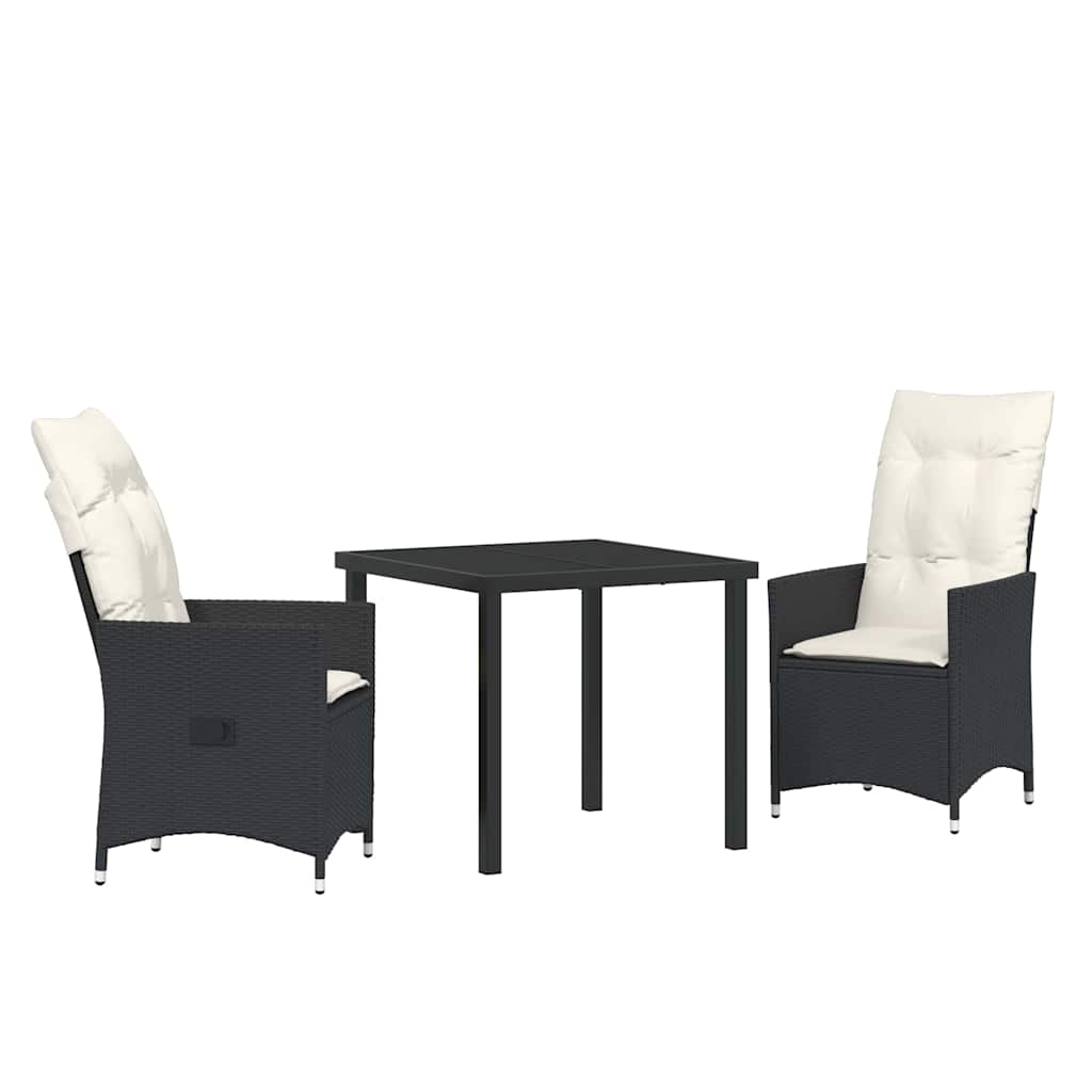 Tuin eettafelset met kussen 3 pcs Zwart poly rattan