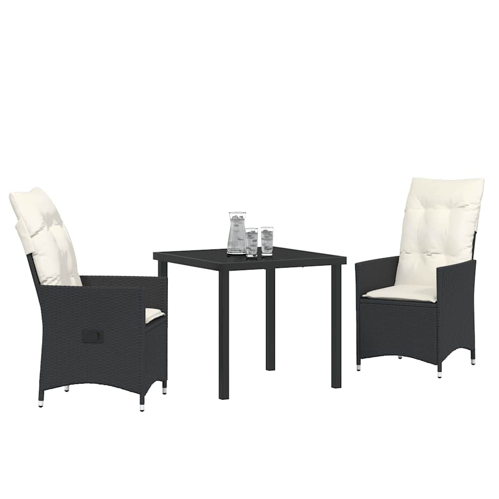Tuin eettafelset met kussen 3 pcs Zwart poly rattan