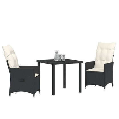 Tuin eettafelset met kussen 3 pcs Zwart poly rattan
