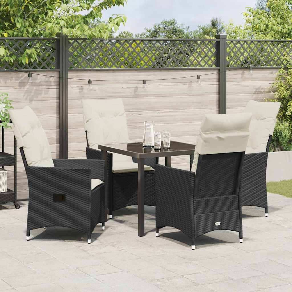 Tuin eettafelset met kussen 5 pcs Zwart poly rattan