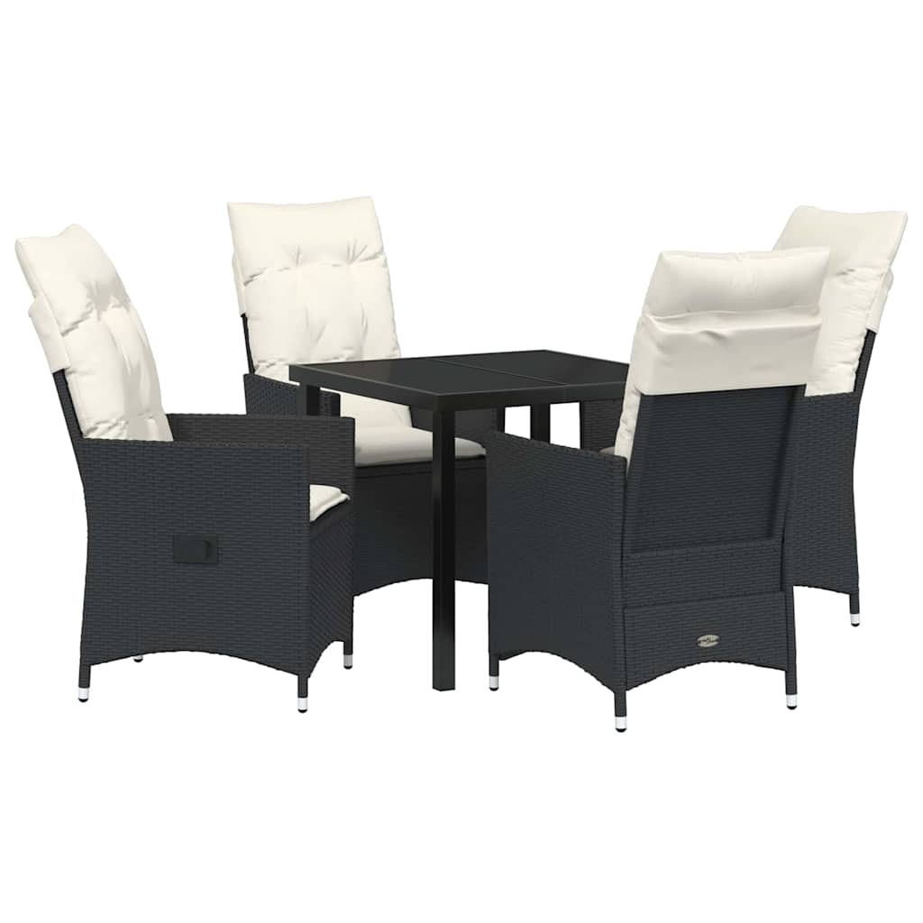 Tuin eettafelset met kussen 5 pcs Zwart poly rattan