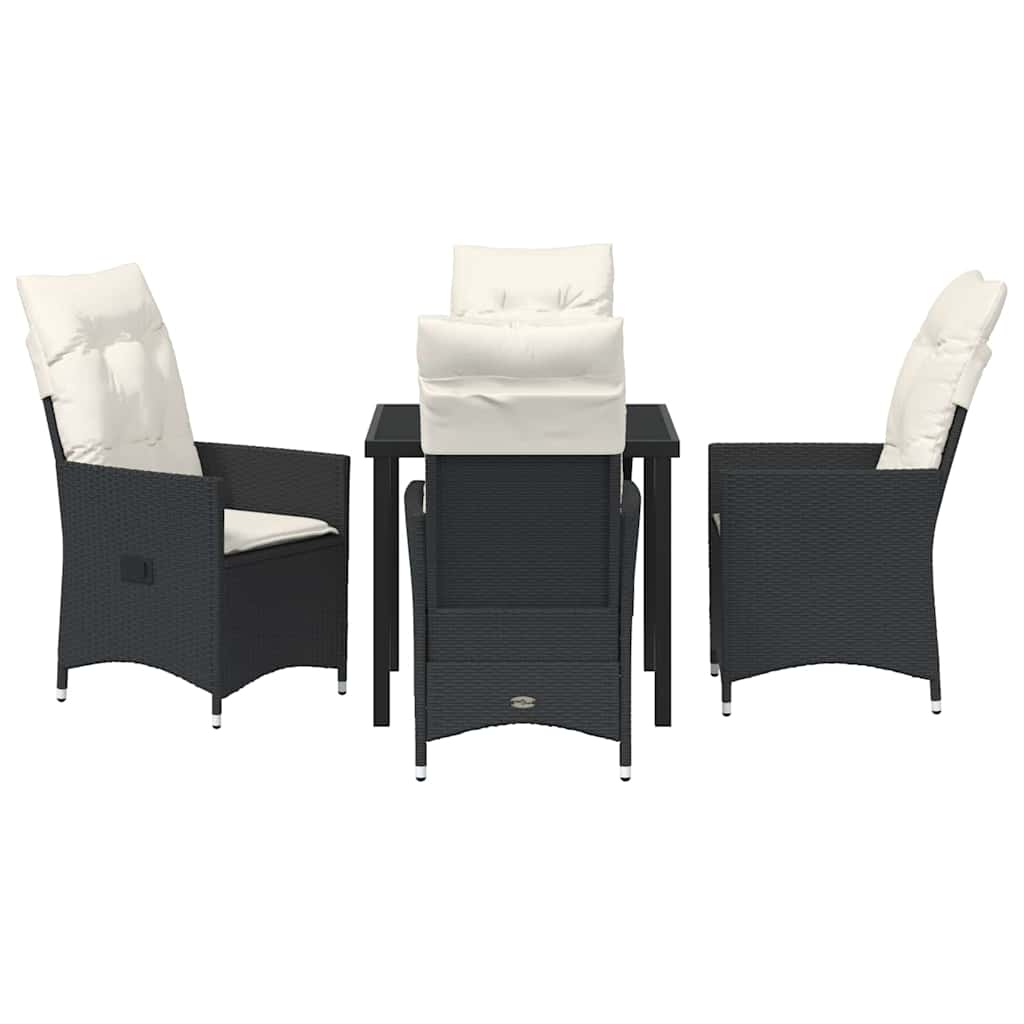 Tuin eettafelset met kussen 5 pcs Zwart poly rattan