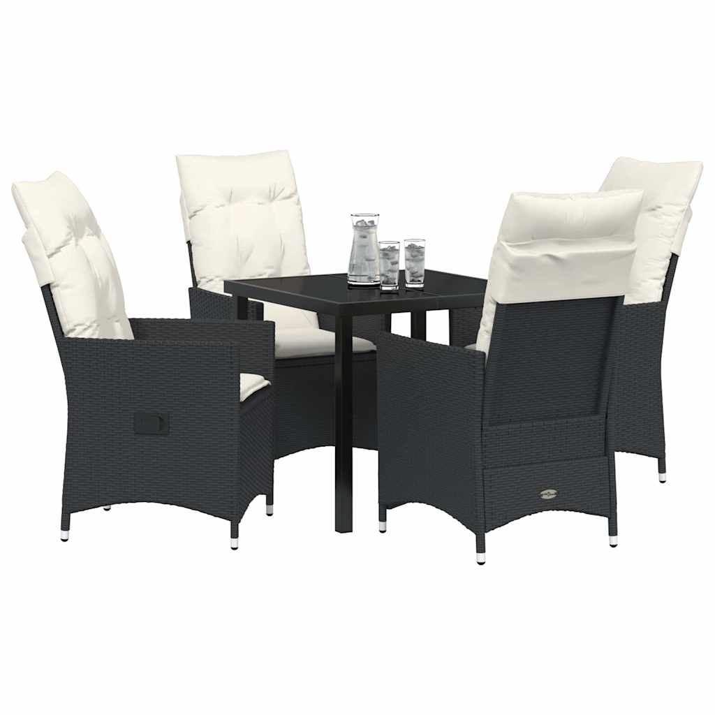 Tuin eettafelset met kussen 5 pcs Zwart poly rattan