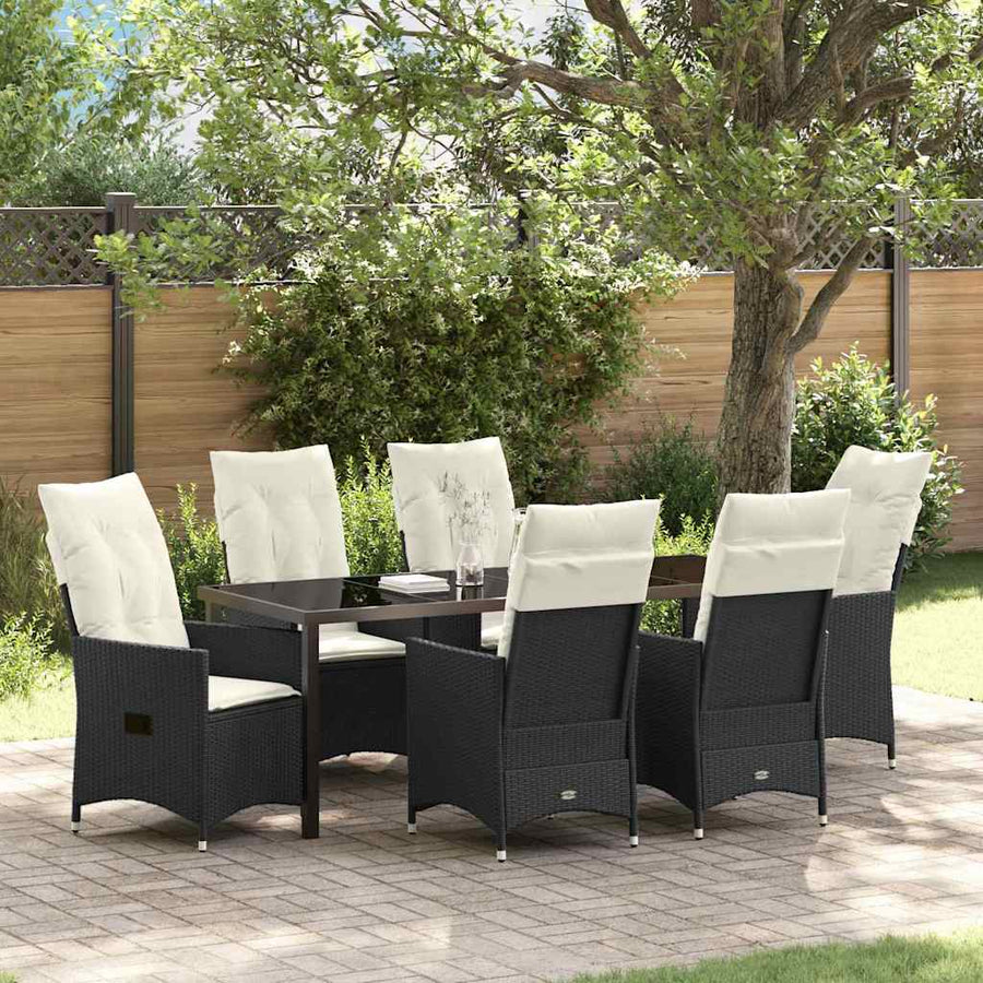 Tuin Eettafelset Met Kussen 7 Pcs Zwart Poly Rattan