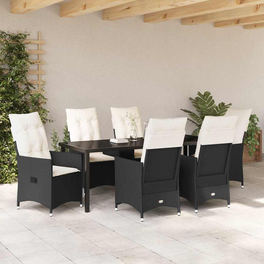 Tuin Eettafelset Met Kussen 7 Pcs Zwart Poly Rattan