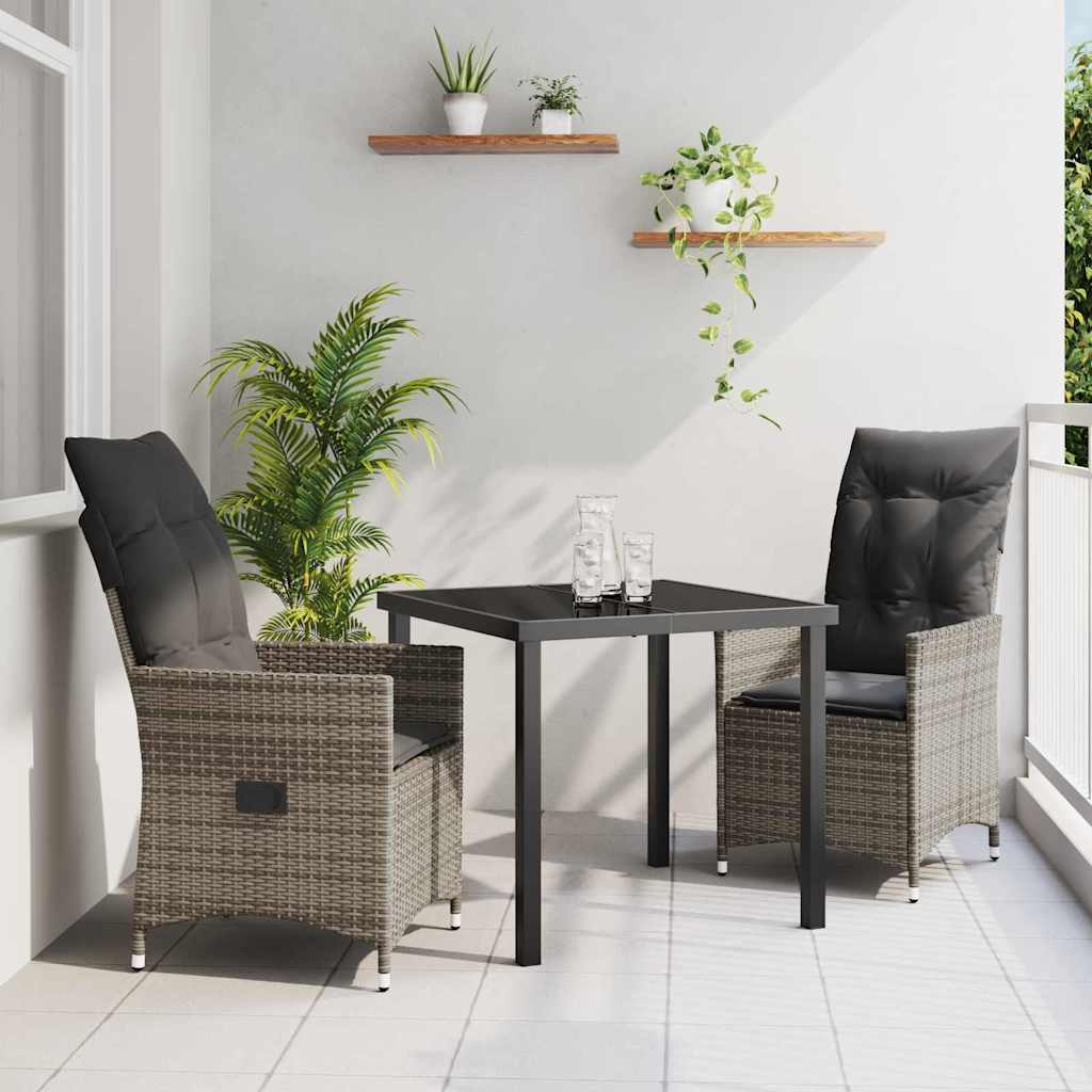 Tuin eettafelset met kussen 3 pcs Grijs poly rattan