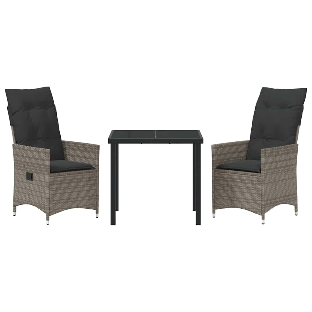 Tuin eettafelset met kussen 3 pcs Grijs poly rattan