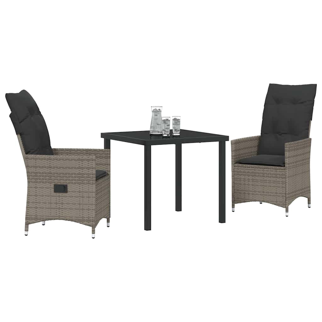 Tuin eettafelset met kussen 3 pcs Grijs poly rattan