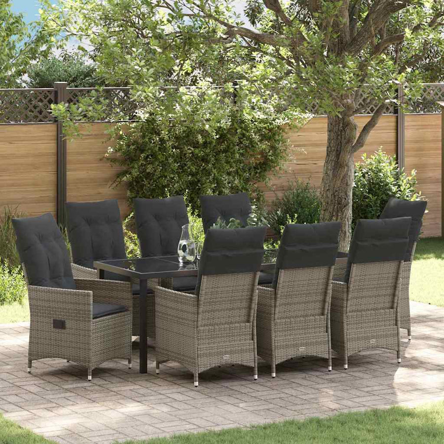 Tuin eettafelset met kussen 9 pcs Grijs poly rattan