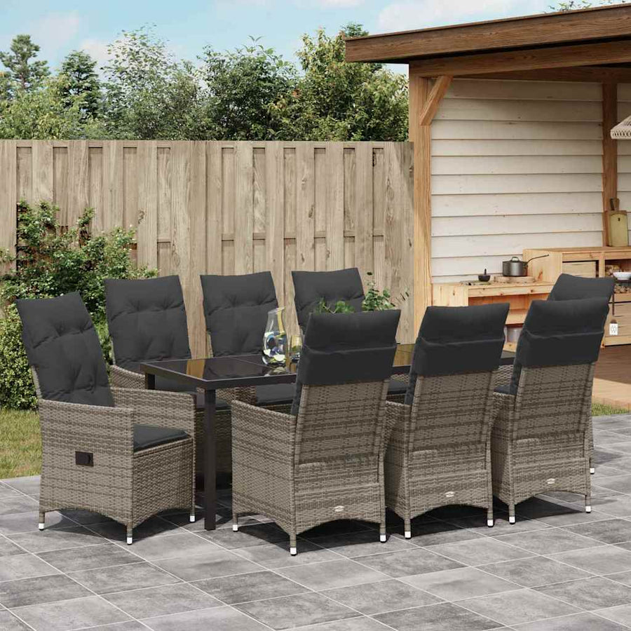 Tuin eettafelset met kussen 9 pcs Grijs poly rattan