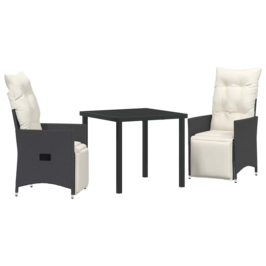 Tuin eettafelset met kussen 3 pcs Zwart poly rattan