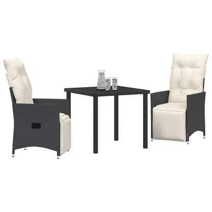 Tuin eettafelset met kussen 3 pcs Zwart poly rattan