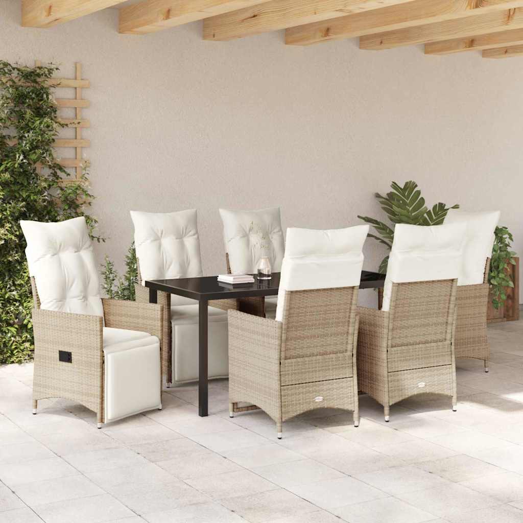 Tuin eettafelset met kussen 7 pcs Beige poly rattan