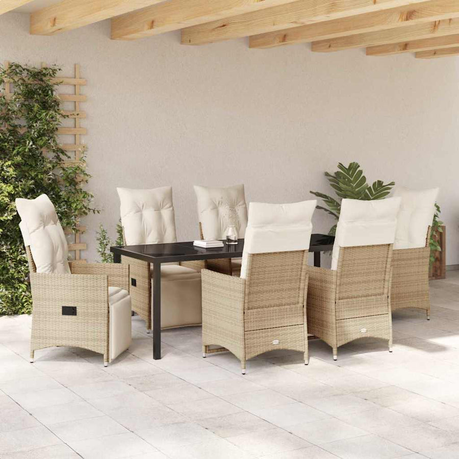 Tuin eettafelset met kussen 7 pcs Beige poly rattan