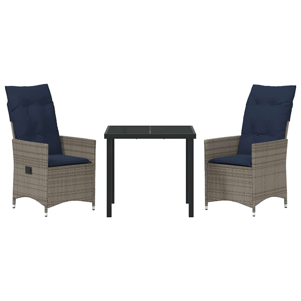 Tafel en stoelen set met kussen 3 pcs Grijs PE Rattan