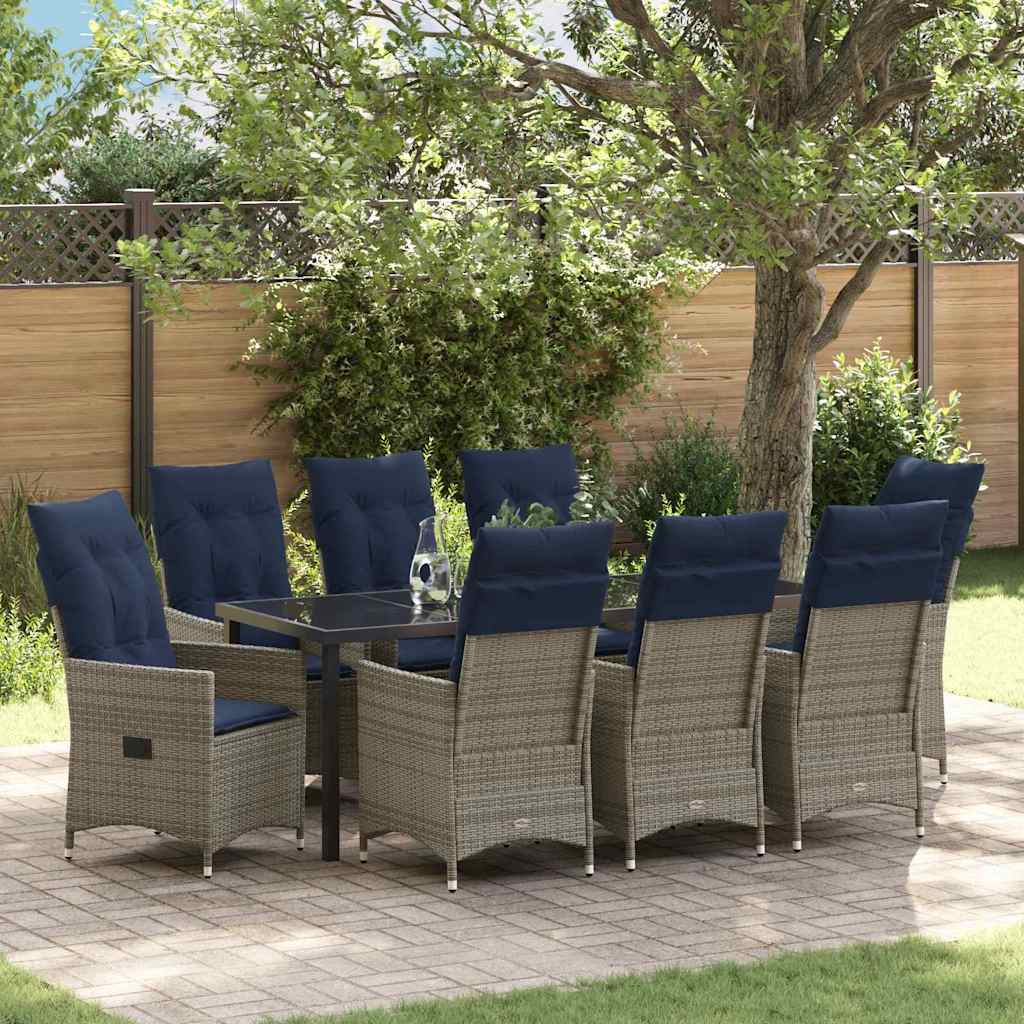 Tafel en stoelen set met kussen 9 pcs Grijs PE Rattan